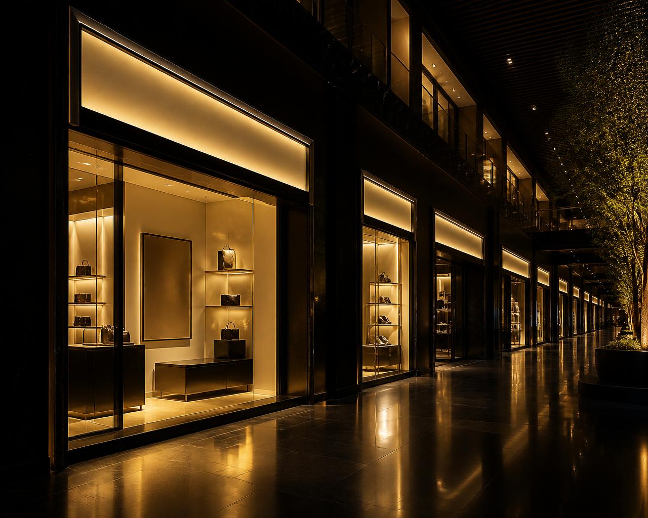 Dark luxury mall corridor with warm gold lit storefronts